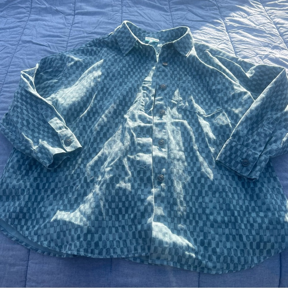 Future Collective Light Aqua/Gray Checkered Heavy Denim Shirt Size XL
